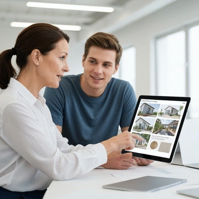 Architect discussing tiny home plans with a client, showing sustainable materials and space-saving solutions