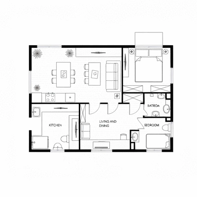 Detailed top-down view of a modern tiny home floor plan, showing living area, kitchen, bathroom, and bedroom loft, with minimalist furniture and efficient use of space, no text, no words, no typography, clean image