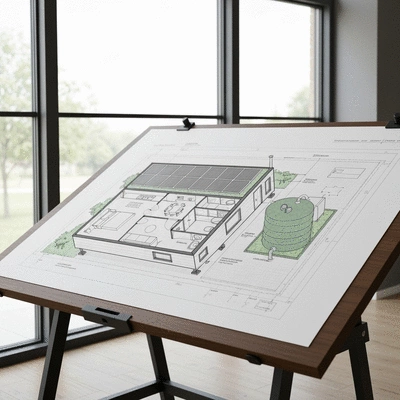Architectural drawing or blueprint of a tiny home with sustainable features highlighted.