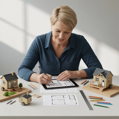 Person sketching a tiny home floor plan on a tablet, surrounded by miniature tiny house models and design tools, clean, bright environment