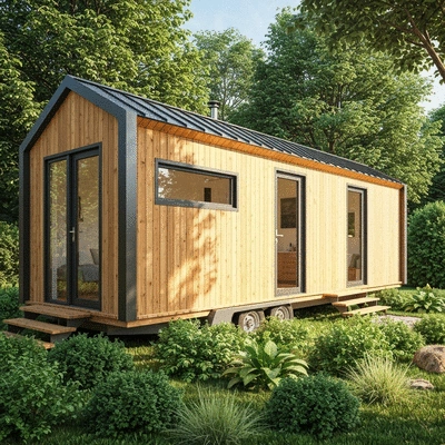 Modern tiny home exterior with sustainable wood and metal materials, surrounded by nature.