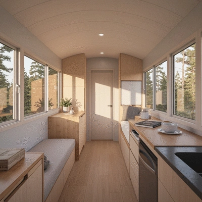 Interior of a modern, efficiently designed tiny home with natural light