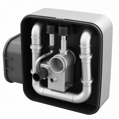 Close-up of composting toilet components, showing separation system and ventilation pipes