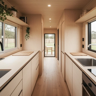 Modern tiny home interior with natural light, minimalist design, and sustainable materials