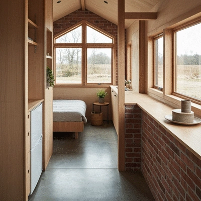 Interior of a tiny home showcasing natural light and thermal mass materials