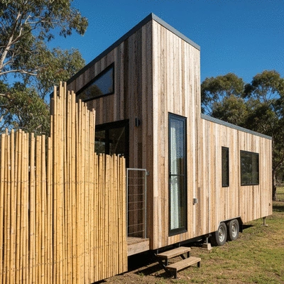 Modern tiny home exterior featuring bamboo and reclaimed timber elements, surrounded by Australian nature.