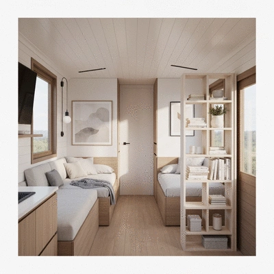 Modern tiny home interior with clever storage solutions and natural light, minimalist design, cozy atmosphere