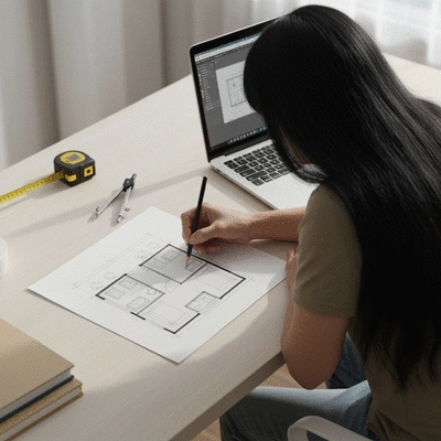 Person sketching tiny home floor plan, minimalist desk, natural light, no text, no words, no typography, clean image
