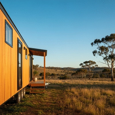 Modern tiny home exterior in a natural Australian setting