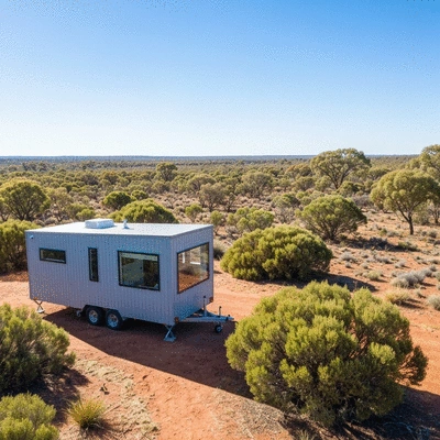 Modern tiny home on wheels in a beautiful Australian landscape, sunny day, no text, no words, no typography, clean image
