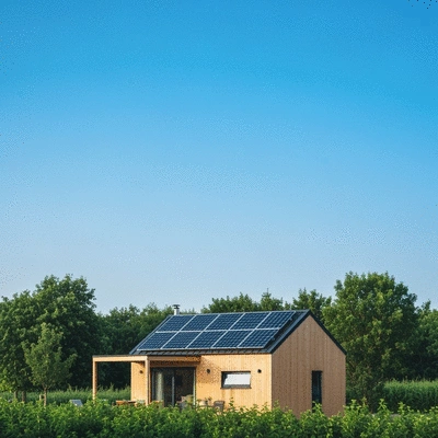 Tiny home with solar panels on roof, surrounded by nature