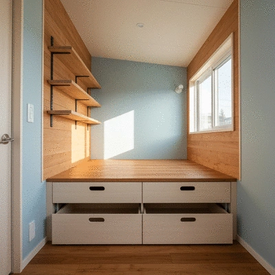 Modern tiny home interior with clever storage solutions like wall-mounted shelves and under-bed drawers, clean image