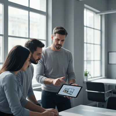 Architect discussing a tiny home floor plan with clients on a tablet