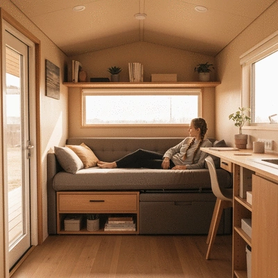 Cozy and functional tiny home interior with a person relaxing on a multi-functional sofa, natural light, and smart storage solutions, clean, warm tones, no text, no words, no typography, clean image