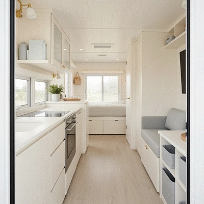 Aesthetic tiny home interior with multi-functional furniture, clean lines, and integrated storage, clean image