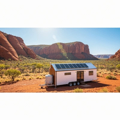 Modern off-grid tiny home with visible solar panels and rainwater collection system in a natural Australian landscape